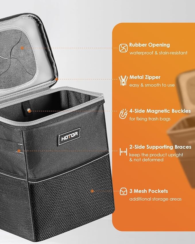 Car Trash Can with Lid and Storage Pockets - 100% Leak-Proof Organizer, Waterproof Garbage Can, Multipurpose Trash Bin for Car, 2 Gallons, Black