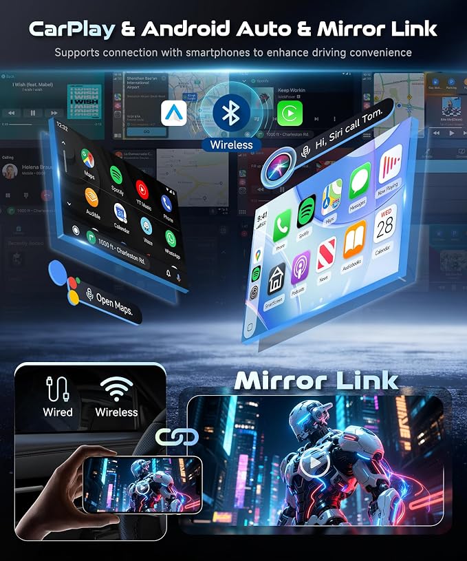 Android 15/4+64G Car Radio Double Din Car Radio with Wireless Carplay&Android Auto,7 inch 1280*720P IPS TouchScreen Car Audio Receivers with WiFi GPS EQ BT5.0 FM/RDS Radio Mirror Link AHD Rear Camera