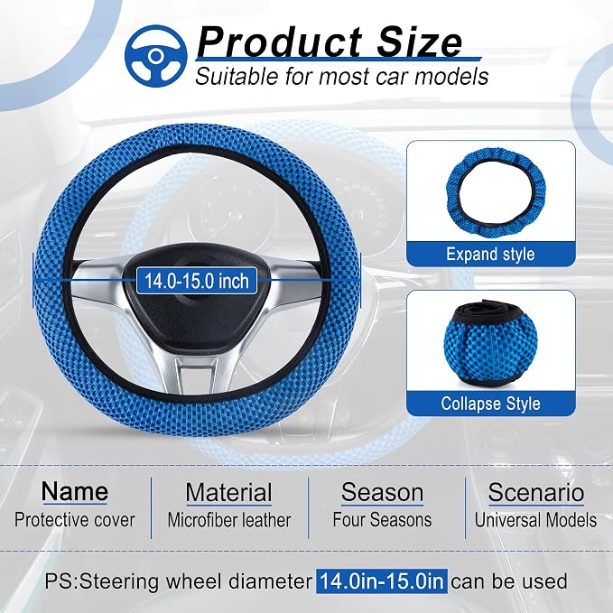 Elastic Stretch Steering Wheel Cover, Universal Interior Accessories Steering Wheel Cover for Women & Men, Breathable Microfiber Ice Silk, Anti-Slip, Odorless, Easy Carry(Blue)