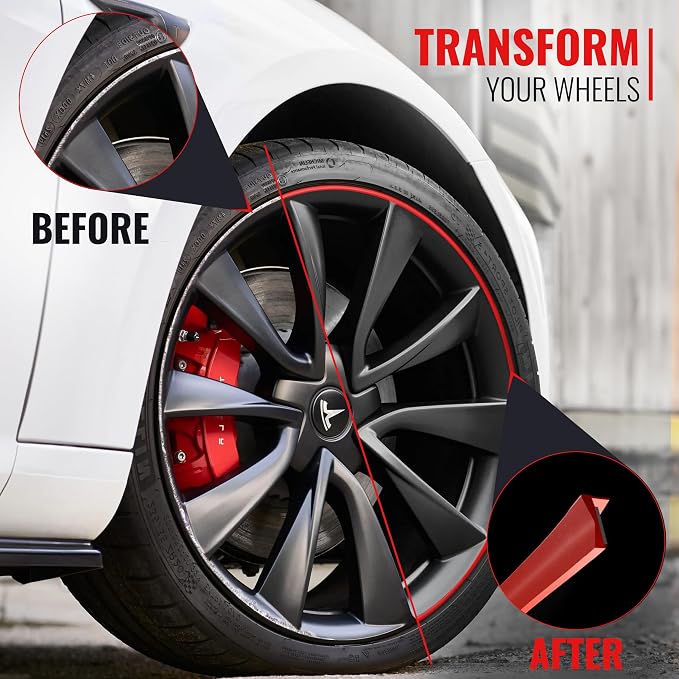 PROTECTiQ PRO Universal Rim Protection Trim - Curb Rash Guard with Award-Winning Patented Design and Premium 3M Tape - Fits Up to 4X 24 Wheels, Cars, Trucks, SUVs - Red