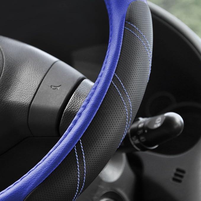 Steering Wheel Cover Leather 15 1/2-16 inch Universal Padded Soft Grip Breathable for Car Truck SUV Jeep Anti Slip Blue and Black