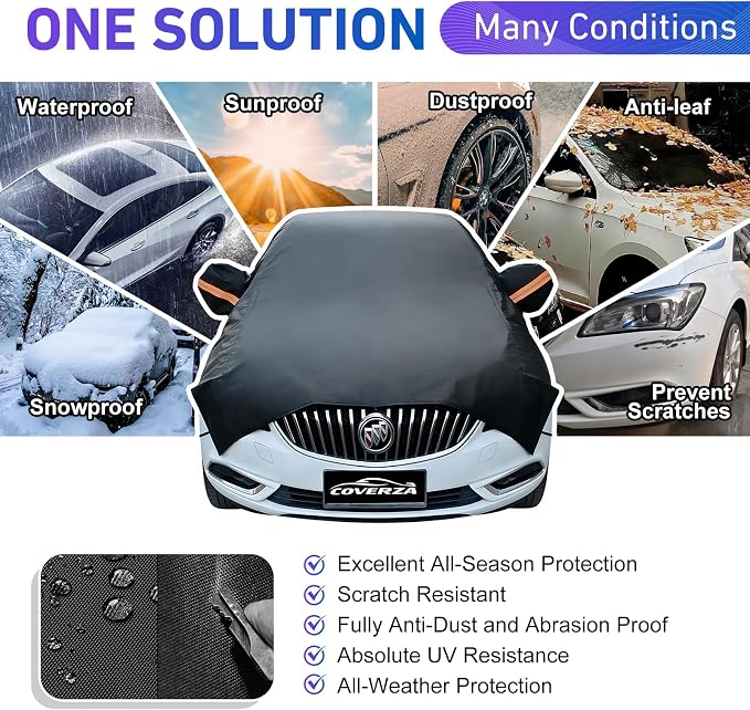 Car Half Cover for Compact Sedan, Waterproof Snow Car Cover with Cotton Liner, Sunroof & Roof Cover for Car Hood & Window Protection