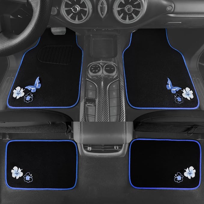 Universal Fit Embroidery Butterfly and Flower Car Floor Mats, Blue Car Floor Mats Fit 95% Automotive,SUVS,Sedan,Vans,for Women,Girly,Set of 4 (Black with Blue)