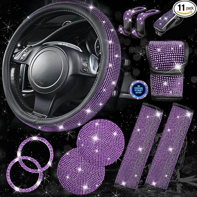 11PCS Bling Purple Car Steering Wheel Cover Set for Women, Sparkly Rhinestone Diamond Bling Seat Belt Cushion, Glitter Shift Knob Cover, Car Cup Holder Coaster, Interior Sets Violet 14.5"-15"