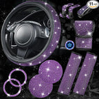11PCS Bling Purple Car Steering Wheel Cover Set for Women, Sparkly Rhinestone Diamond Bling Seat Belt Cushion, Glitter Shift Knob Cover, Car Cup Holder Coaster, Interior Sets Violet 14.5"-15"
