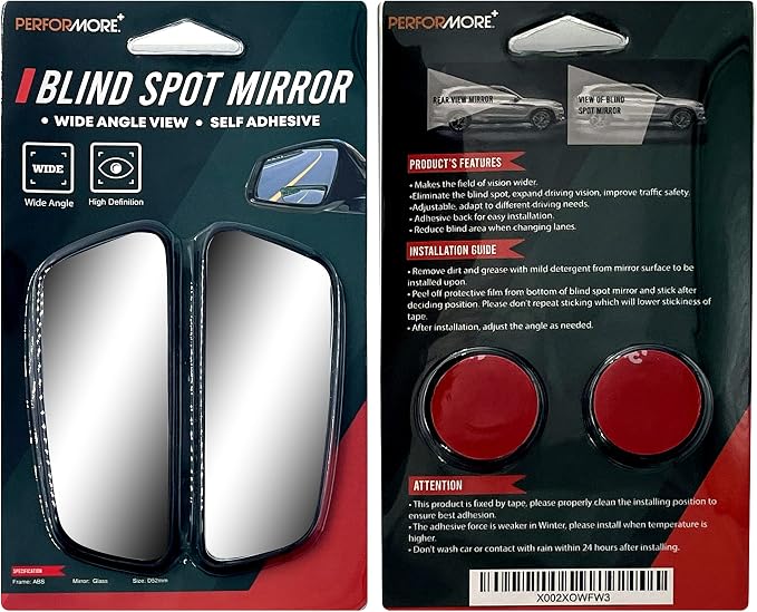 Performore 2 Pack of Blind Spot Car Mirrors, Adjustable HD Glass Convex Rear View Wide Angle Blindspot with Self Adhesive Back for Universal Vehicles (Rectangular)