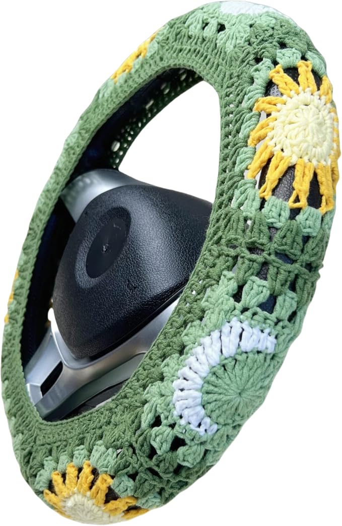 Handmade Crochet Green Moon and Sun Car Steering Wheel Covers Universal 14-15 inch for Women and Men (Steer Wheel Cover)