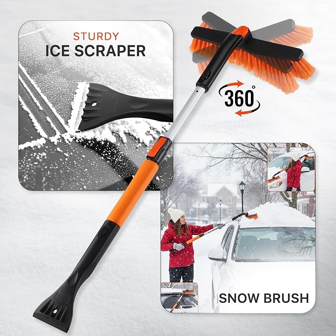 31" to 37” Extendable Snow Brush for Car and Ice Scrapers for Car Windshield, 360° Rotation Brush Head Snow Broom for Truck and SUVs with Ergonomic Foam Grip