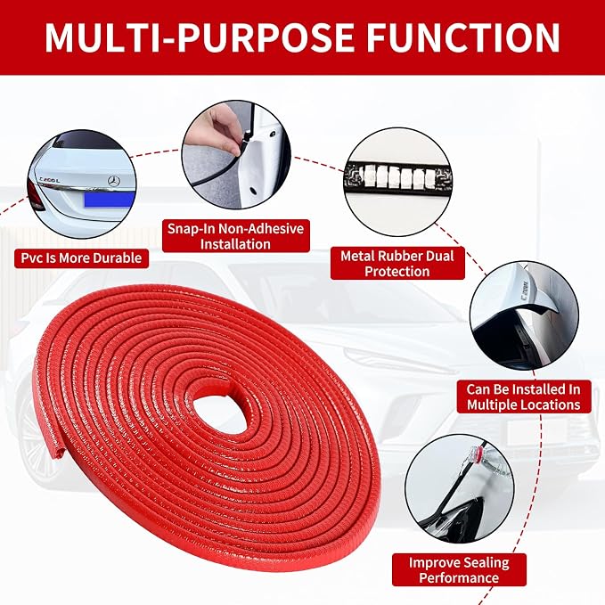 Car Door Edge Guards, 16Ft Rubber Seal Car Door Edge Trim, U Shape Door Edge Protector Guard, Aluminum Weather Proofing Automotive Door Edge Molding Protection for Most Car (Red, 16Ft)