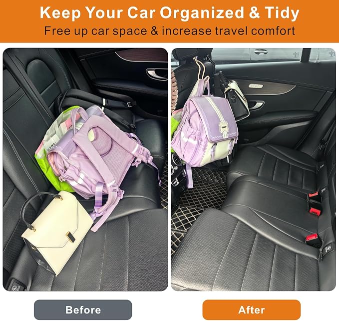 Car Headrest Hooks for Purse Bag, 2 Pack Car Seat Hooks - Black Leather/2L | Heavy-Duty Holds Up to 60lbs Metal Car Purse Holder for Grocery Handbag, Car Interior Accessories for Men Women