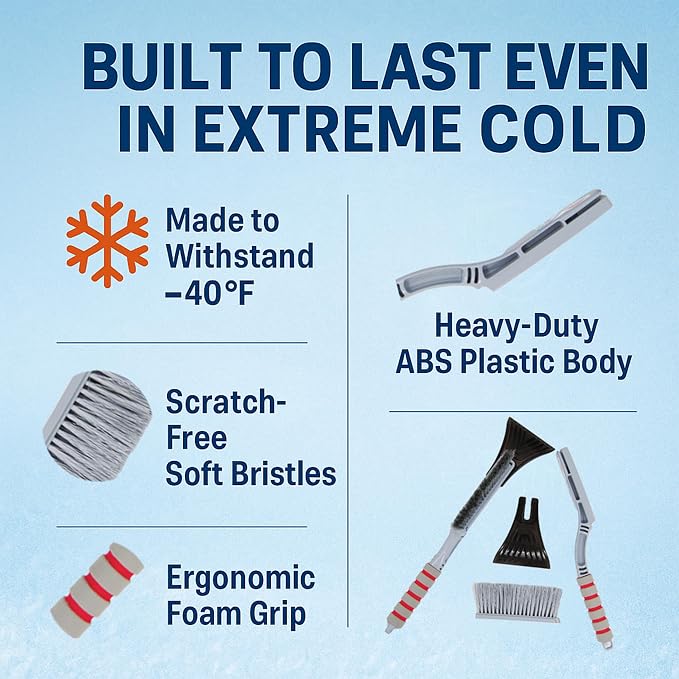 Snow Brush and Ice Scraper 18 Inch, Heavy Duty Car Windshield Snow Removal Tool with Thick Soft Bristles, Scratch Safe ABS Scraper, Anti Slip Foam Grip (Grey)