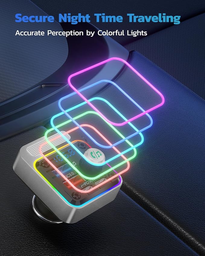 54W Bluetooth 5.3 Car Adapter with 4 Charging Ports [PD 36W & QC3.0 18W], Wireless Radio FM Transmitter with Deep Bass Player & 5 Colors LED Backlit, Hands-Free Calling - Silver