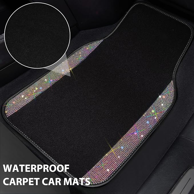 Iridescent Bling Rhinestones Diamond Car Floor Mats Waterproof, Anti-Slip PVC Heel Pad, Universal for Automotive SUV,Sedan,Van,4pcs Girl Women Lady Sparkly Shining Multicolor Colorful Crystal
