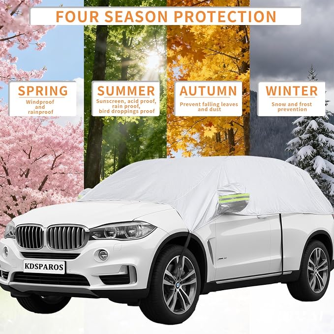Half Car Cover for Windshield Ice & Snow - Windshield Snow Cover with Hail Protector, All-Weather Car Cover Fit for Cars & SUVs with Reflective Straps (Sedan)