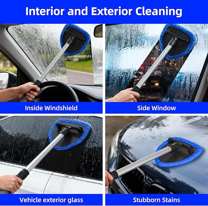 Windshield Cleaning Tool, Car Window Cleaner Windshield Cleaner with 4 Reusable and Washable Microfiber Pads and Extendable Handle Auto Inside Glass Wiper Kit