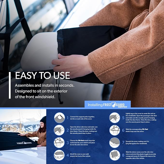 Vortex | Full-Coverage Car Windshield Cover for Ice and Snow, Standard Size (Snowy Lace) - Wiper Blade + Side Mirror Covers - Fit-Fast Straps, Security Panels + Storage Pouch - 59x41 Inches