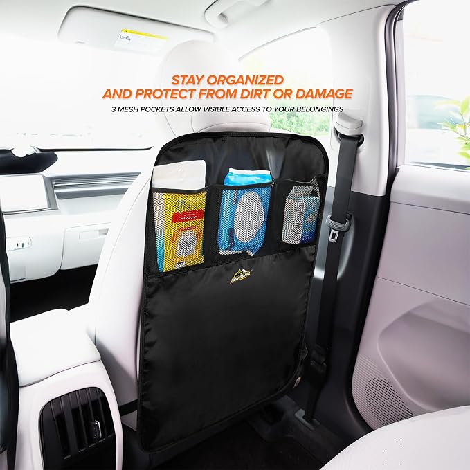 Car Backseat Kick Mat with Storage, Backseat Kick Protector for Kids with 3 Mesh Pockets, Protects from Kicks, Scratches, Scuffs, Spills, Stains, 3 Adjustable Straps for Easy Installation