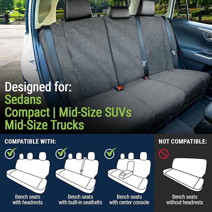 Back Seat Towel Seat Cover for Cars; Great for After Gym Workouts, Dogs, and Outdoor Activities; Universal Fit for Cars SUVs Vans Trucks Rear Seats, EZ fit, Non Slip Grip, Grey