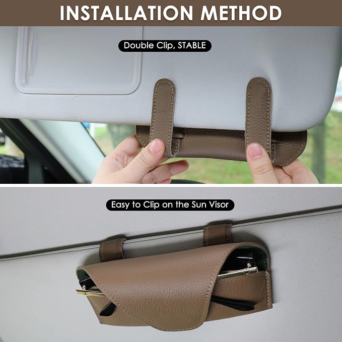 Magnetic Sunglass Holder for Car Visor, Leather Car Glasses Holder | Khaki Visor Accessories Eyeglasses Holder Glasses Storage Case
