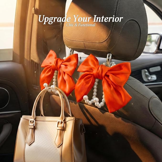 2PCS Satin Bow Pearl Car Seat Headrest Hooks – Car Bag Holder & Vehicle Hanger for Purses – Cute Coquette Aesthetic Interior Decoration – Cute Auto Organizer Accessories Universal (Orange)