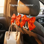 2PCS Satin Bow Pearl Car Seat Headrest Hooks – Car Bag Holder & Vehicle Hanger for Purses – Cute Coquette Aesthetic Interior Decoration – Cute Auto Organizer Accessories Universal (Orange)