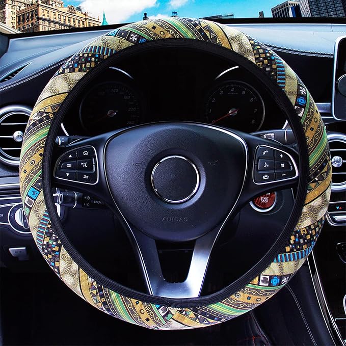 3 Pack Boho Steering Wheel Cover with Car Cup Holder Coasters Universal Baja Hippie Bohemian Style Steering Wheel Covers Cute Car Steering Wheel Cover for Women Girl 15 Inch (Yellow)