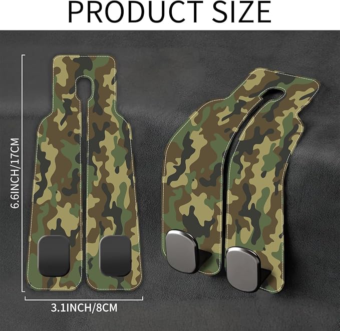 Camouflage Car Headrest Purse Hanger Camo Hunting Forest 1 Pack Bag Purse Holder for Car Premium Leather Double Metal Hook for Handbags, Grocery Bags and Phones