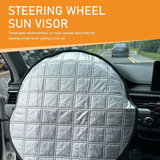 Shakas Car Steering Wheel Cover Sun Shade, Aluminum Film Car Wheel Cover Heat Insulation Cooling, Thickened Anti-aging Foldable Reflective Protector, for Most Cars SUV Truck Van (Silver)
