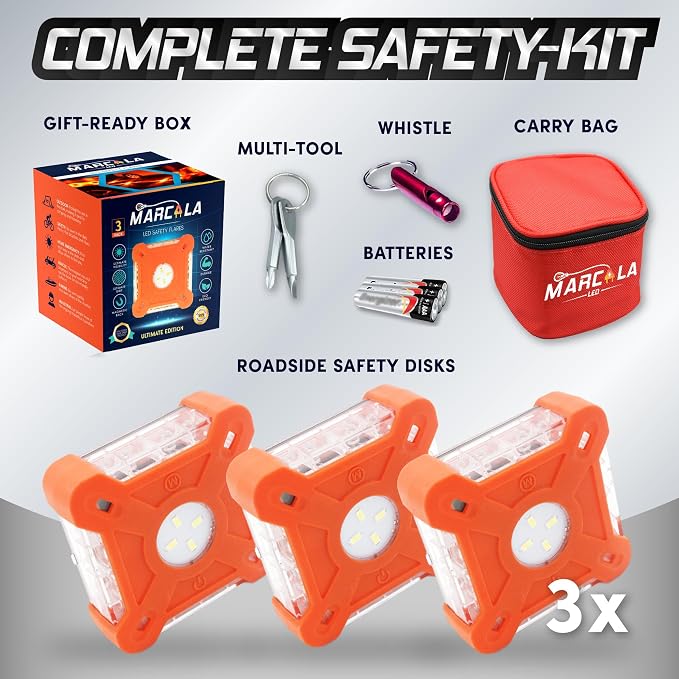 Emergency Lights for Vehicles 3-Pack | LED Road Flares | Flares Emergency Road | LED Emergency Flares Include Batteries, Case, Whistle and are Stronger, Brighter & Better than round LED Flares