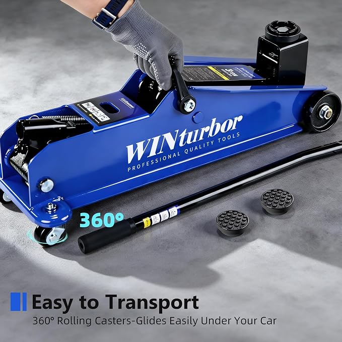3 Ton Floor Jack, 6000 lb, 7.6"-21.3" Lift, w/Pads, Bag & Tire Kit | Heavy-duty floor jack for SUVs, pickups and sedans. 7.6" entry, 21.3" max lift. Includes 2 pads, bag & 8‑pc tire kit.