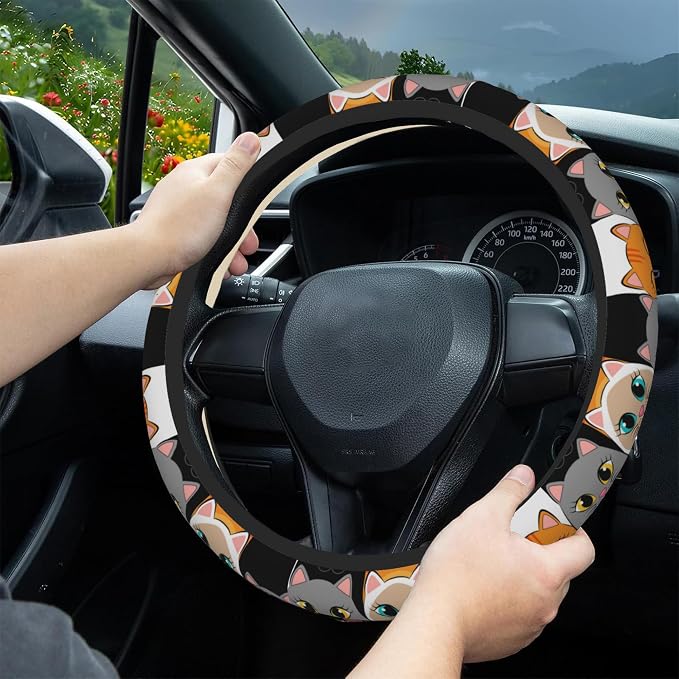 Cartoon Lovely Cats Steering Wheel Covers Universal 15 Inch Car Wheel Cover,Anti-Slip Breathable Car Accessories Protector Fit for Trucks,Sedans,SUVs,Vans
