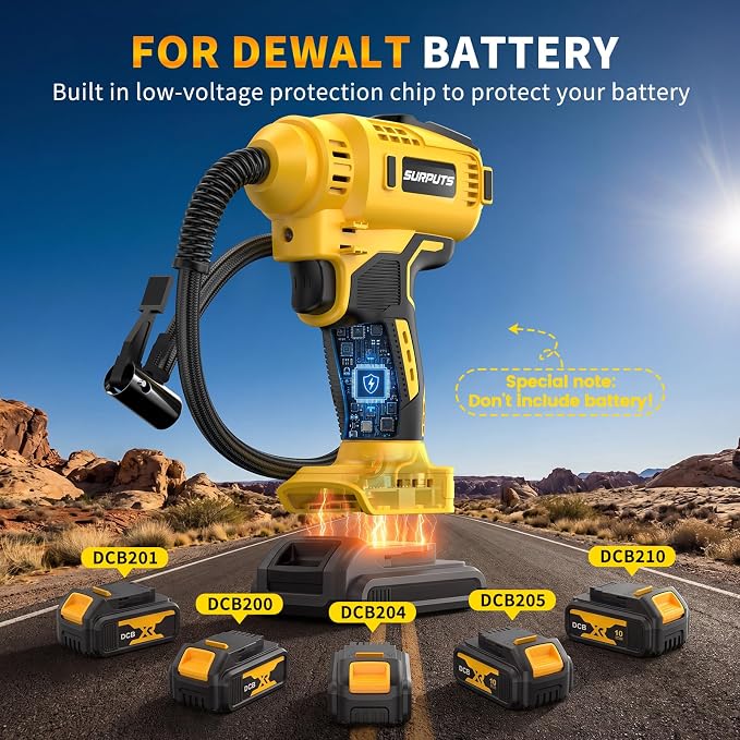 Tire Inflator Air Compressor Compatible with Dewalt 20V Battery, 150PSI Cordless Portable Air Pump with Digital & Auto Shut-Off, LED Light for Car Motorcycles Bike Ball (Tool Only) (Yellow)