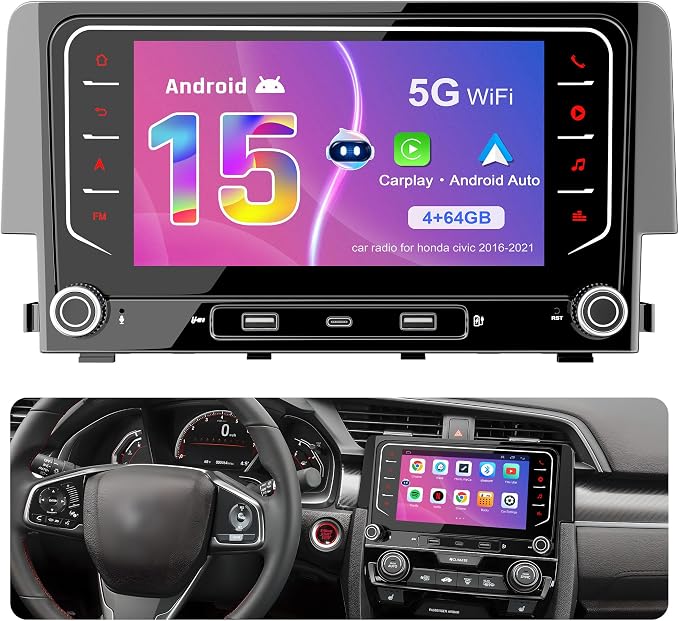 5G WiFi Upgrade Android 15 Car Radio for Honda Civic 2016 2017 2018 2019 2020 2021, 7 Inch IPS Touch Screen with Wireless CarPlay Android Auto, GPS/Bluetooth/FM/SWC/Type C/Backup Camera, 4+64G