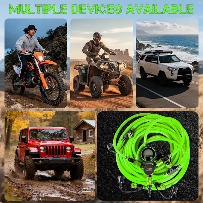 4 Tire Inflation Deflation System W/300PSI Digital Pressure Gauge | Fits up to 200" Wheelbase, Plastic Carry Box & Heavy Duty Hoses, Fits Truck, Car, Trailer, Motorcycle Offroad Vehicles, Green