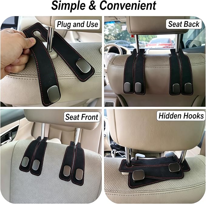 GoldenLife Headrest Hooks for Car, 2 Pack Premium Car Bag Hooks | Secure Heavy-Duty, Elegant & Universal Fit Car Hooks for Purses Handbags Grocery & Backpacks (Black)
