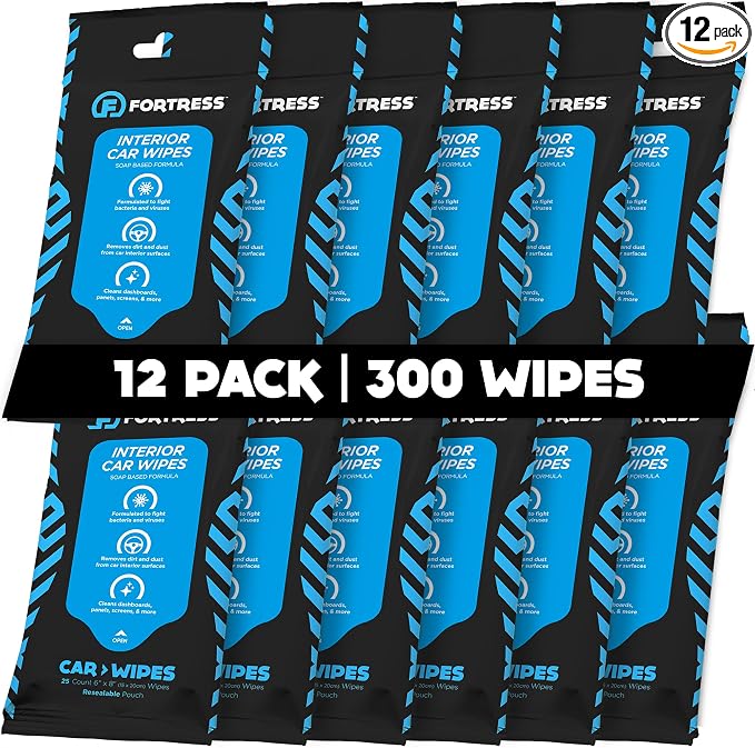 Car Interior Wipes (25 ct, Pack of 12) for Car Interior Cleaning, Dashboard, Seats, Detailing, and Steering Wheel [Travel Size] Skin-Safe Car Interior Cleaner Supplies