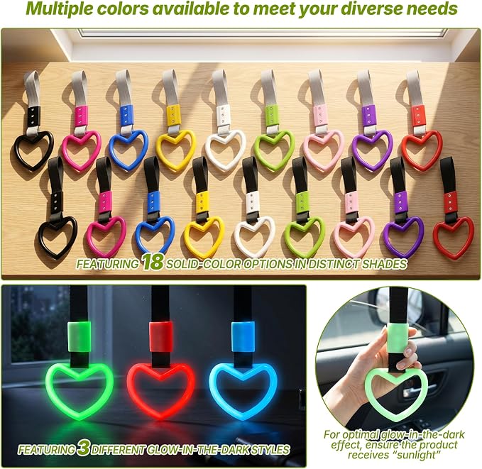 2 Pcs Heart Shaped Car Handle Strap – JD M Drift Charm Rear Bumper Warning Ring Decor for Car Interior Exterior, Subway Bus Handle Accessory, Cute Heart Car Decor Gift for Drivers (Green-Silver)