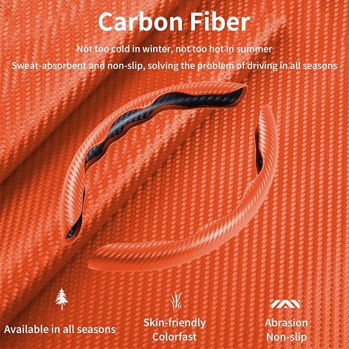 3Pcs Carbon Fiber Steering Wheel Cover Universal Fit 99% Cars | Non-slip soft grip, easy to wipe clean, quick to install, perfect for daily commutes and road trips, Orange