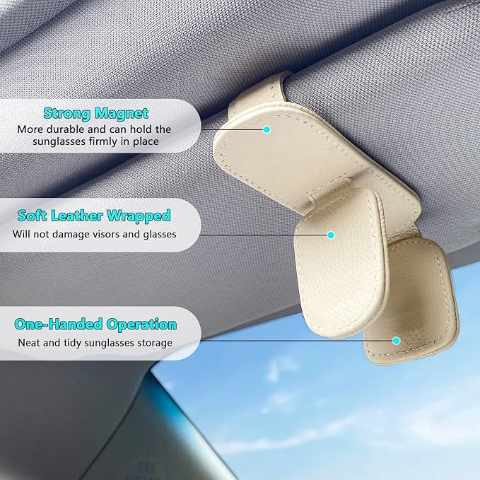 Sunglass Holder for Car Visor Clip, Magnetic Leather Eyeglass Hanger Clip for Car, Square Car Visor Accessories (White)