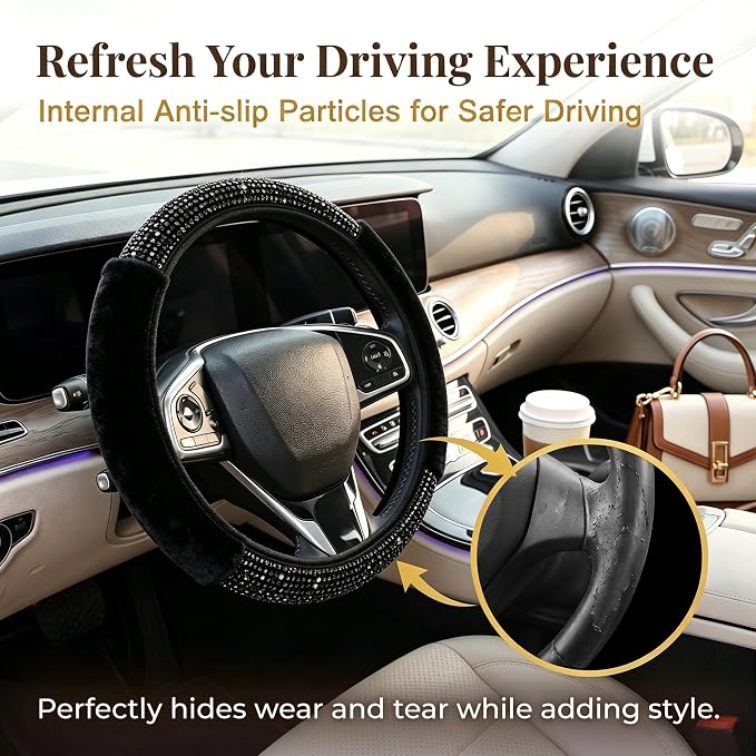 Black Bling Steering Wheel Cover Fluffy Rhinestone for Women Girls | Diamond Elastic Car Steering Wheel Accessories Sparkling Fur Steering Wheel Protector Winter Warm Universal Fit 14-15 inch