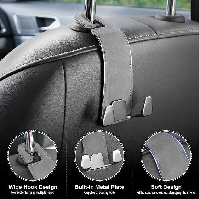 Car Seat Headrest Hook, Premium Suede Double Hook 2 Pack, Universal Hanging Accessories for Purse, Bag, Groceries - Car Interior Accessories (Gary)