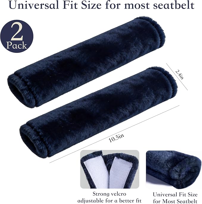 Soft Faux Fur Universal Fit Seatbelt Cover Car Truck SUV Airplane Seat Belt Shoulder Pad for Carmera Backpack Straps Neck Cushion Protector 2 Pack 10.5in Dark Blue
