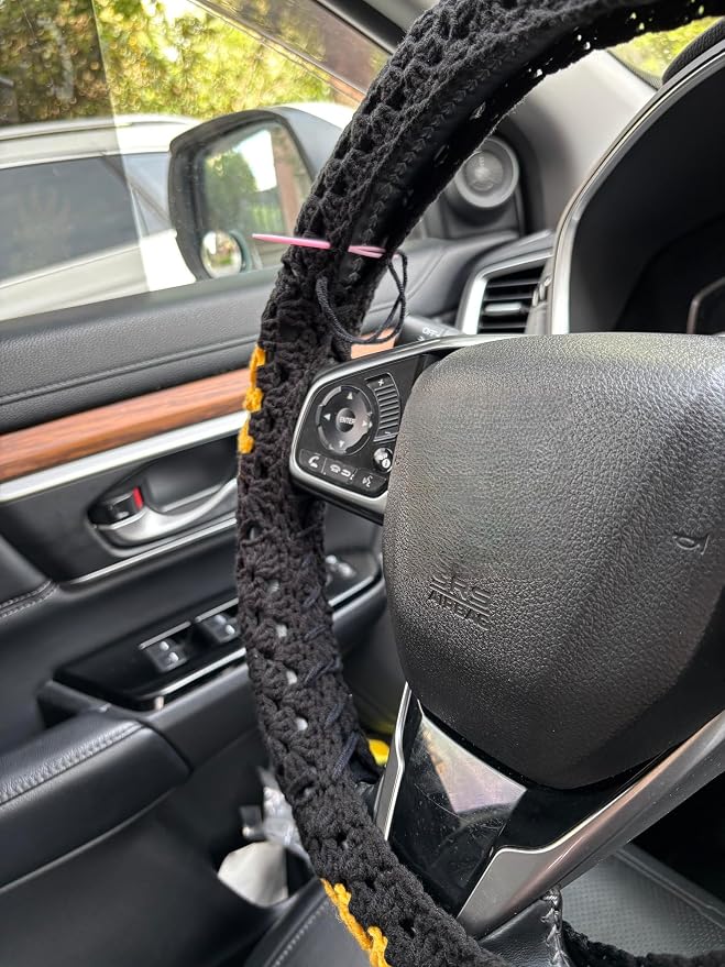 Handmade Crochet Sun Moon Car Steering Wheel Covers Universal 14-15 inch,Cute Steering Wheel Cover,Car Accessories (Black Wheel Cover+2 Belt Cover)