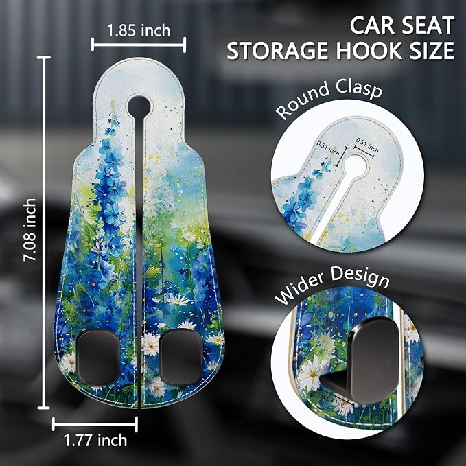 2PCS Car Seat Back Storage Headrest Hooks, Floral Blue Purse Holder Bags Hanger, PU Leather Double Metal Hook for Backseat Organizer, Women Car Accessories Organization