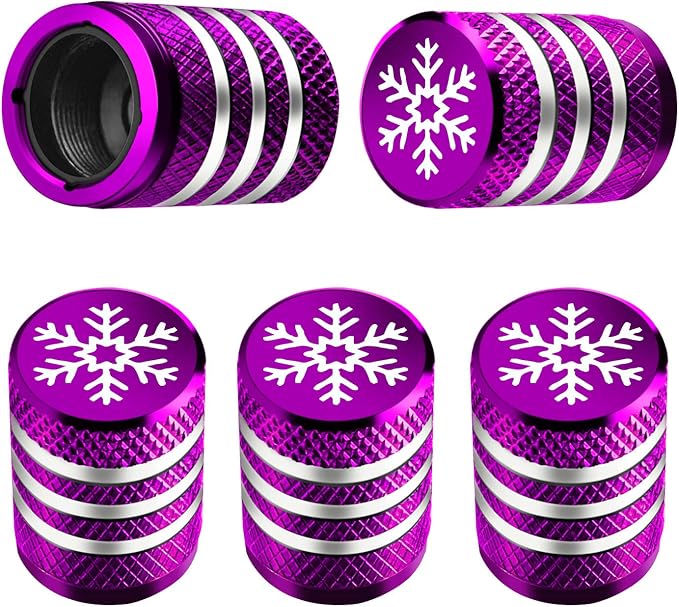 Tire Valve Stem Cap Cover - (5 Pack) Tire Air Caps Metal with Plastic Liner Corrosion Resistant Leak-Proof Snow Snowflake for Car Motorcycle Bike Purple