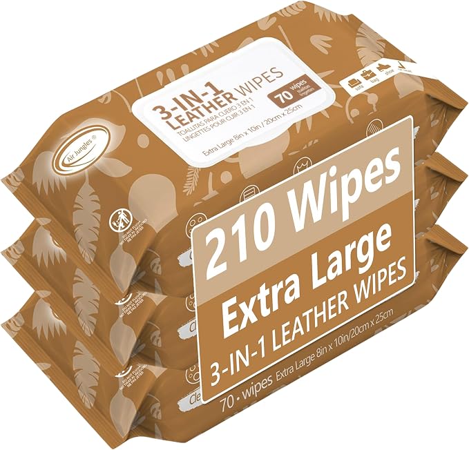 3in1 Leather Cleaner Wipes 70 Count (3 Pack), XL 8x10 Inch | Clean, Condition, Protect Wipes For Vinyl & Leather Apparel, Furniture, Auto Car Interior, Shoes, Boots, Bags