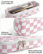 Preppy Checkered Clear Travel Makeup Brush Holder,Pink and Beige Checkered Makeup Brush Toiletry Bag, Portable Cosmetic Brush Case,Transparent Waterproof Makeup Brush Storage Bag