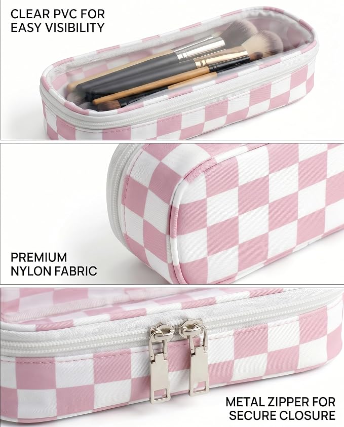 Preppy Checkered Clear Travel Makeup Brush Holder,Pink and Beige Checkered Makeup Brush Toiletry Bag, Portable Cosmetic Brush Case,Transparent Waterproof Makeup Brush Storage Bag