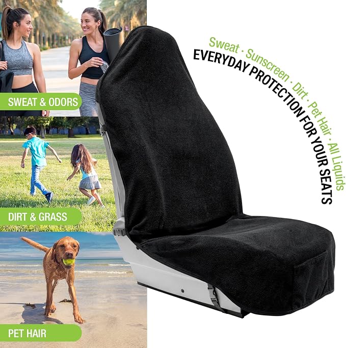 Towel Seat Cover, Waterproof Car Seat Protectors for Gym, Workout & Active Lifestyle, Universal Fit for Car SUV Truck Van, Non-Slip 3 Strap Design, Machine Washable, 1 Pack Black