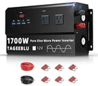 1700W Pure Sine Wave Power Inverter 12V DC to 110V 120V AC for Solar, Truck | Inverter for Car with 4 AC Outlets & 4 USB (30W QC & PD), LCD Display, 3400W Peak, Car Converter for RV Home Off-Grid Camping
